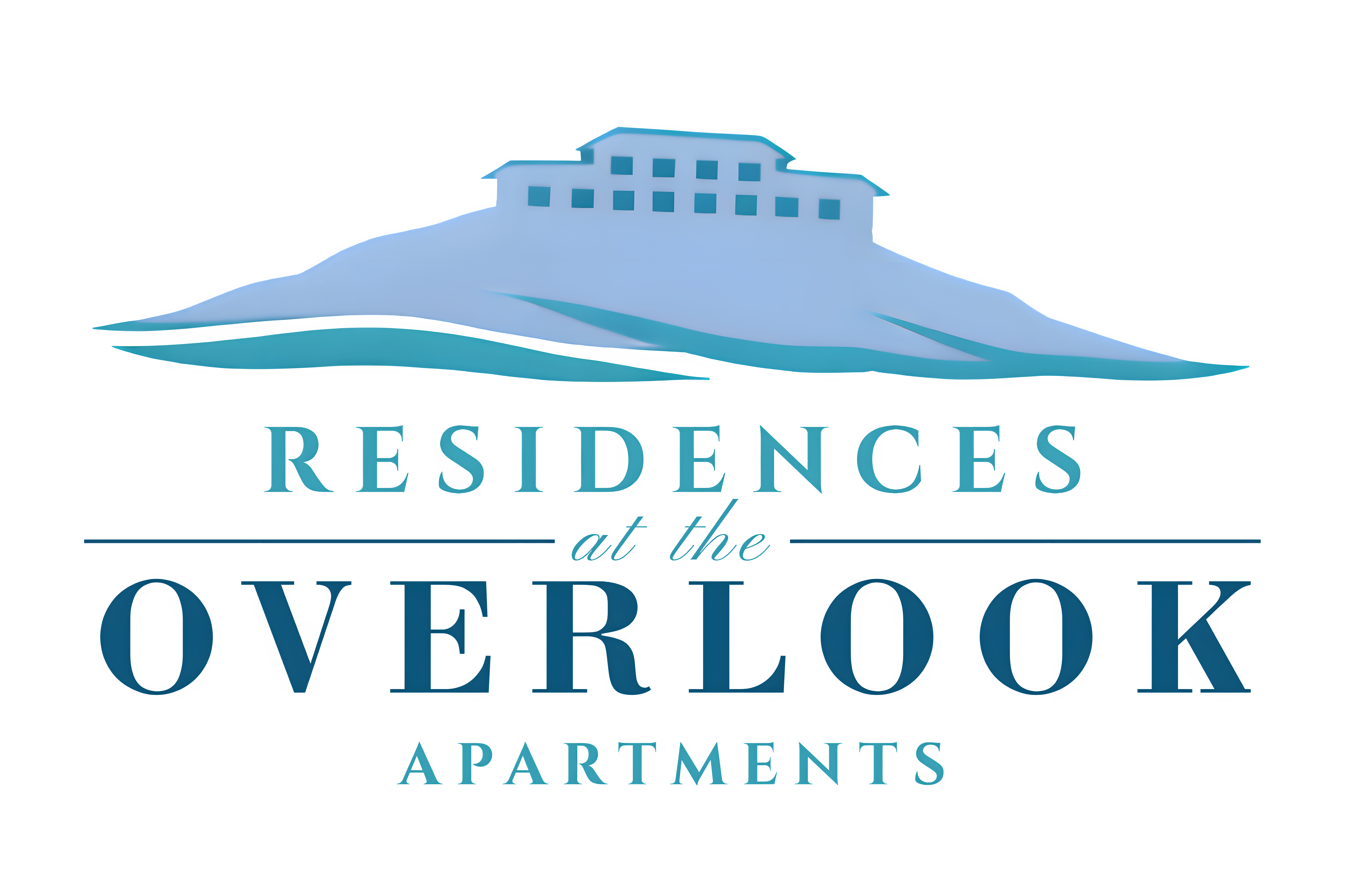 A logo for Residences at the Overlook Apartments featuring a building on a hill.